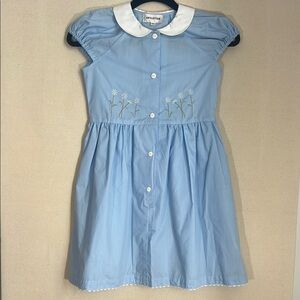 Blue and White Casual Dress with Puff Cap Sleeves and Peter Pan Collar